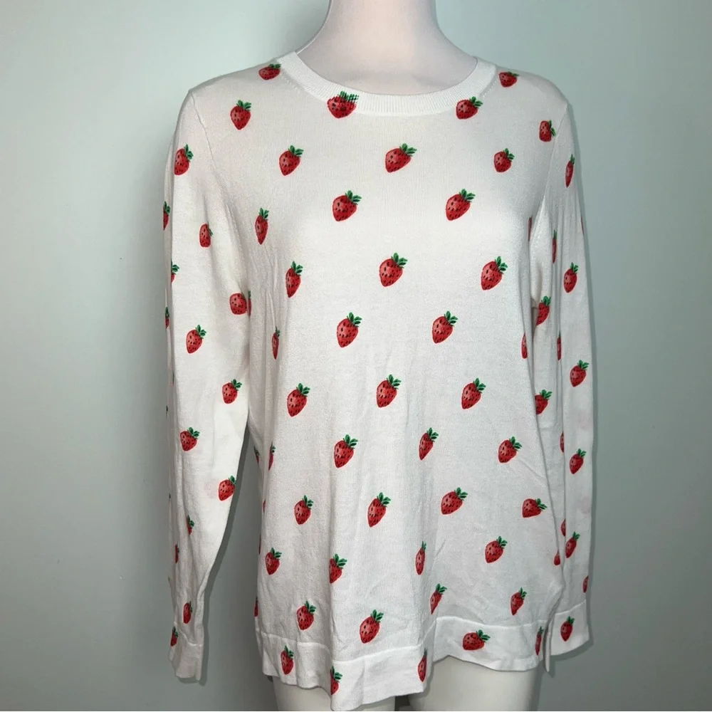 J. Crew Teddie Strawberry Print Cotton Sweater Cream Preppy Red Fruit Graphic L